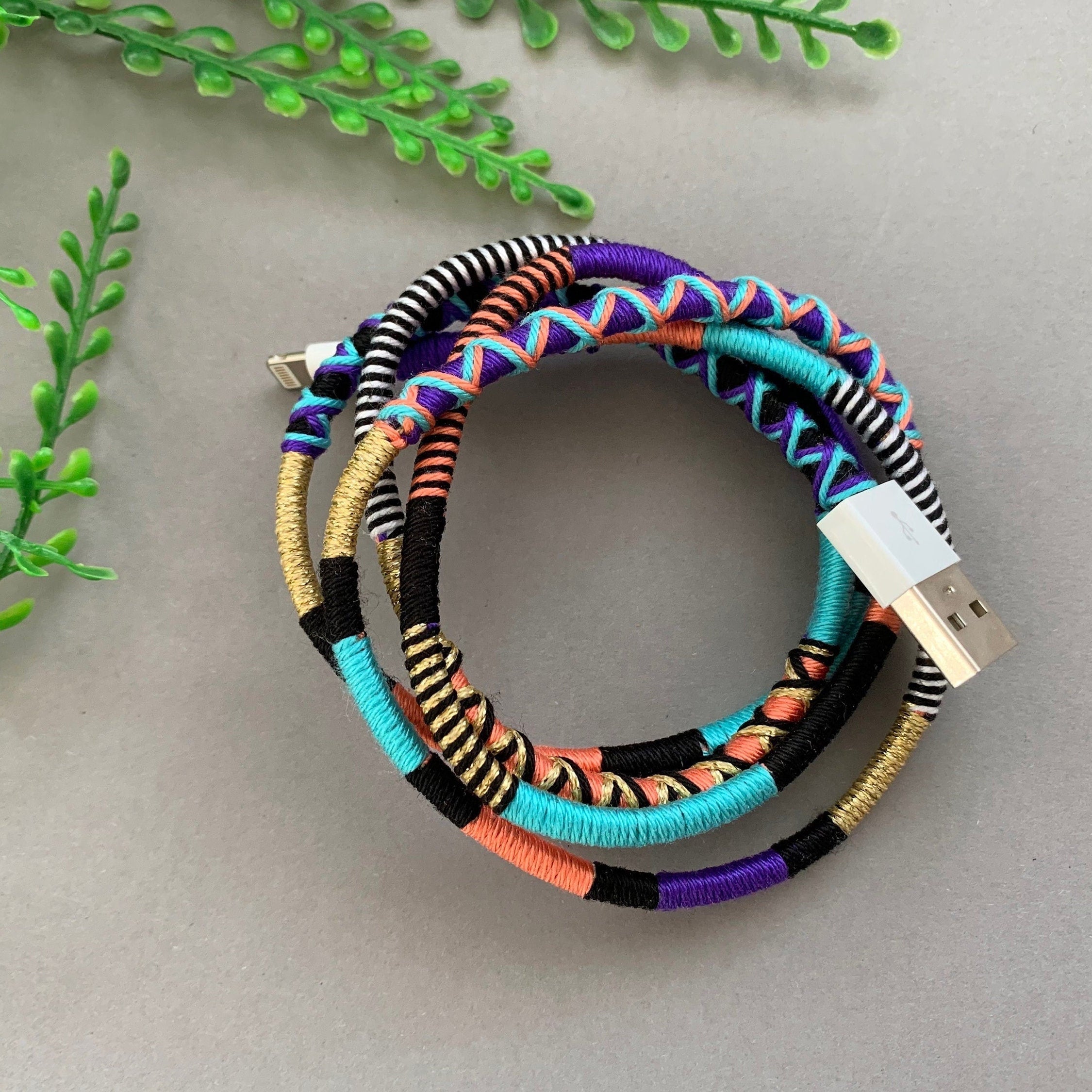 Wrapped Yarn Charging Cable: Multicolor Charging Cord Compatible with Lightning Devices