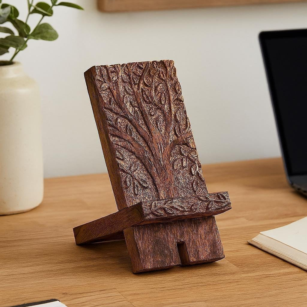 Wooden Phone Stand, Office Desk Decor, Cookbook Stand, Tablet Dock, iPhone Stand, Mango Wood Phone Holder